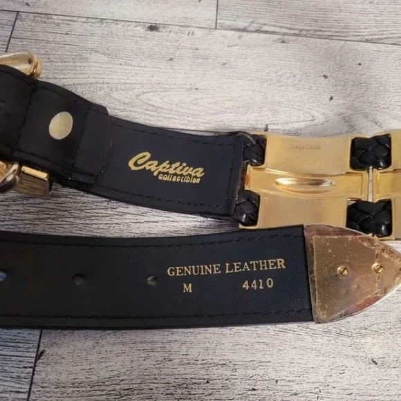 Women's Vintage Cpativa Western Black Leather Chunky Golden Rodeo Belt Size M 32 - Picture 5 of 5